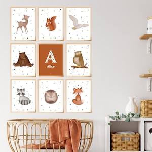 Satz von 9 Kinderplakaten, Satz Waldtierplakate, anpassbare Plakate, Kinderplakate,