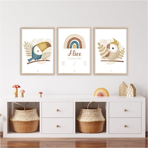Conjunto de 3 carteles tropicales, Conjunto de 3 carteles personalizables, Cartel infantil, Cartel de bebé, Cartel de nacimiento, Cartel de animales
