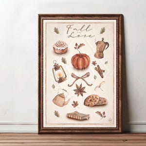 Affiche illustrations aquarelle Automne "Fall in Love", Affiche automne, décoration automne, Citrouille, Automne, Affiche cosy