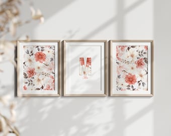 Set de 3 affiches personnalisées, fleurs sauvages, boho décoration, chambre bohème de petite fille, art mural fille avec prénom et initial.