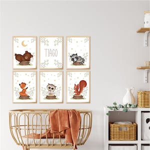Set di 6 poster per bambini, set di poster di animali della foresta, poster per bambini, poster a tema animali della foresta, poster personalizzabile