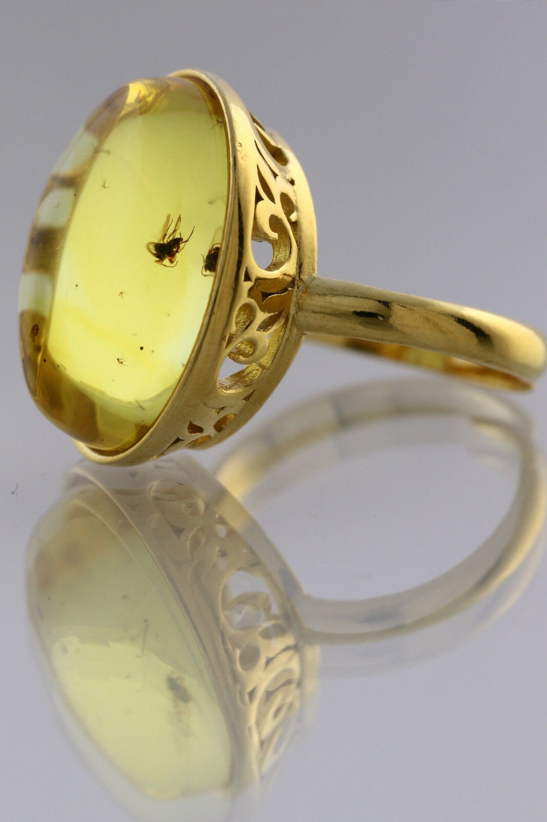 Fossil insect genuine baltic amber gold plated silver ring 6.5 180704-14