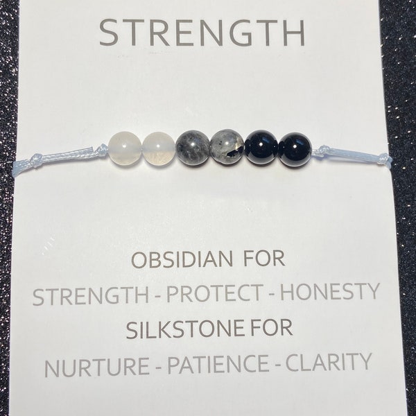 Strength bracelet, strength jewelry, obsidian protect honesty, silkstone nurture patience clarity, Healing Crystals jewelry, Courage gift