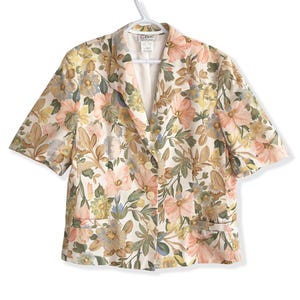Vintage D&#39;Allairds Cotton Linen Short Sleeve Blazer: Pastel Floral Print | 14