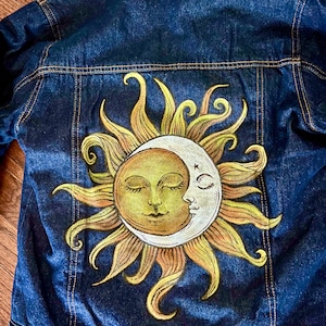 New Sun & Moon Jean Jacket/Hand Painted /Fleece Lined/Jordache Size XS