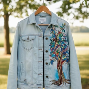 Hand-Painted Denim Jacket – Colorful Tree Art, Upcycled Jean Jacket (Size L)