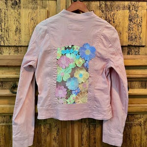 Pink Denim Jacket/Flowered Embroidered/Size L