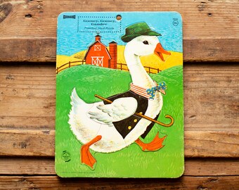 1965 Goosey Goosey Gander Inlaid Tray Puzzle, Vintage 60s, Nursery Rhyme, Hipster Goose, Saalfield 7010, Preschool Learning