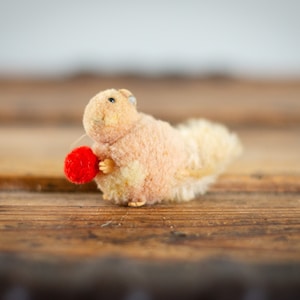 May include: A small, plush squirrel toy holding a red ball. The squirrel is light brown with a fluffy tail. The toy is sitting on a wooden surface.