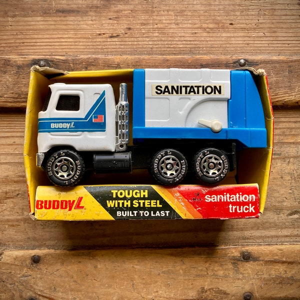 1986 Buddy L 5.75" Sanitation Mack Truck Toy with Original Box, Tough with Steel, Built to Last, Vintage 80s, Trash Vehicle, Die Cast, 489 N