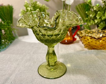 Compote vintage Fenton en verre vert style empreinte de pouce/ bonbonnière, compote Fenton à volants en verre
