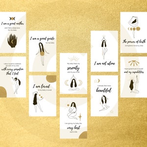 Puede incluir: Diez tarjetas de afirmaci&oacute;n imprimibles con acentos dorados y dibujos de l&iacute;nea negra de mujeres en varias poses. Las tarjetas presentan afirmaciones positivas para el embarazo y la maternidad, como "Soy una buena madre" y "No estoy sola".