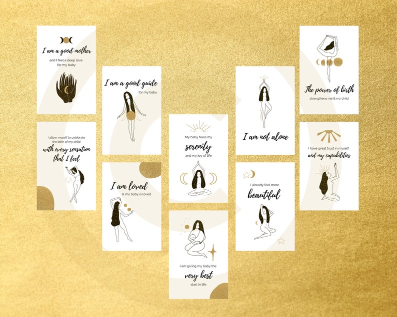 Puede incluir: Diez tarjetas de afirmaci&oacute;n imprimibles con acentos dorados y dibujos de l&iacute;nea negra de mujeres en varias poses. Las tarjetas presentan afirmaciones positivas para el embarazo y la maternidad, como "Soy una buena madre" y "No estoy sola".