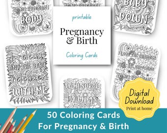 Peut inclure: Un ensemble de 50 cartes à colorier imprimables pour la grossesse et l'accouchement. Les cartes présentent diverses affirmations positives et citations sur la grossesse et l'accouchement, telles que "J'aime les changements qui se produisent dans mon corps de femme enceinte" et "Chaque vague apporte", entourées de motifs floraux complexes. Les cartes sont parfaites pour la relaxation et la pleine conscience pendant la grossesse et le travail.