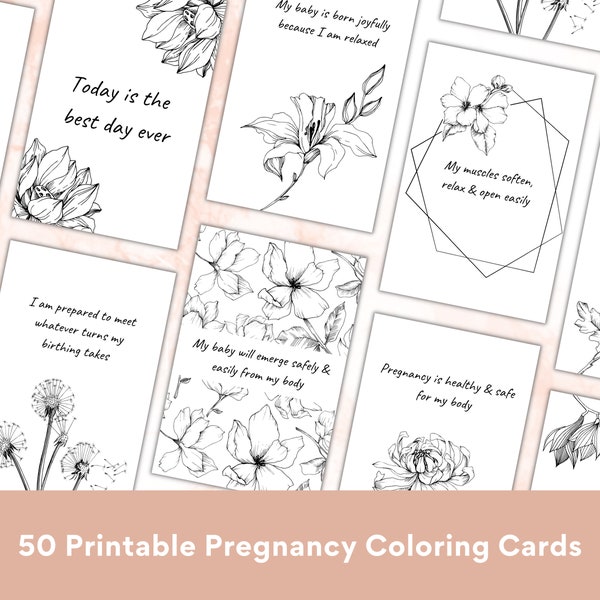 50 Birth Affirmation Cards Printable - Hypnobirthing Pregnancy Affirmations Cards | Coloring Affirmations | Digital Affirm Card