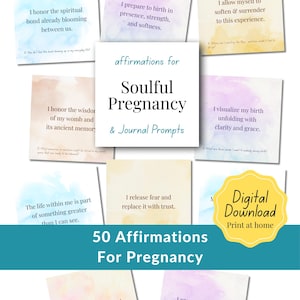 Cartes d'affirmation de grossesse et cartes d'invitation pour journal de bord de Soul Seed | Jeu PDF imprimable de 3 x 3 pouces (50 cartes) - Prendre soin de soi pendant la grossesse pour la maman enceinte
