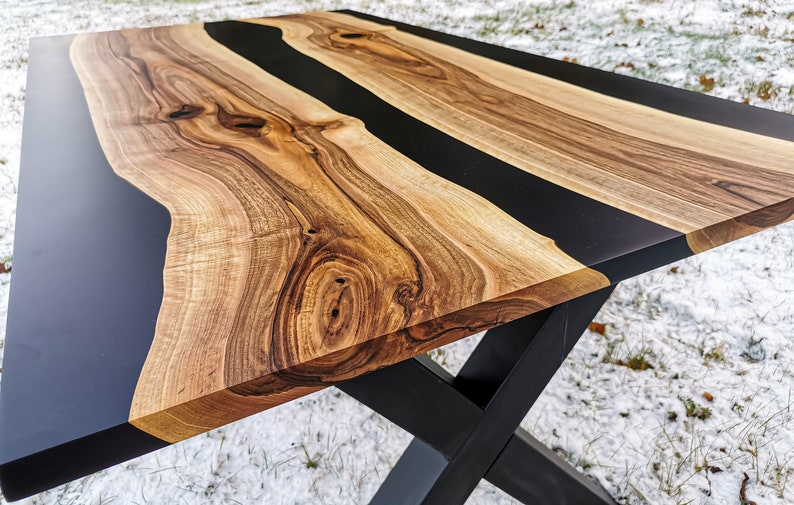 Dining walnut epoxy table, black river table, epoxy Resin River Table, office desk, Natural Walnut Wood Slab
