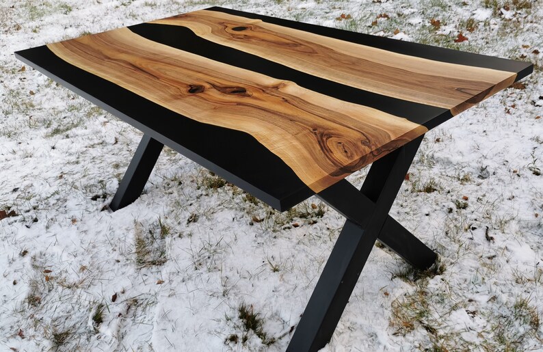 Dining walnut epoxy table, black river table, epoxy Resin River Table, office desk, Natural Walnut Wood Slab