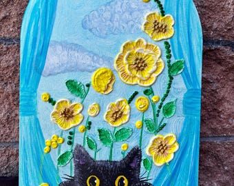 Arte texturizado original. El gato del jardín secreto