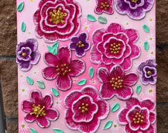 Original art -Pink Pemberley  | Textured Pink Floral Canvas | 3D Flower Wall Art | Gold Accent Painting |  Gift for Her 16 by 20 inches