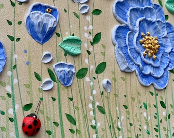 Lienzo original texturizado con motivos florales y mariquita / Pintura floral 3D de 16x20