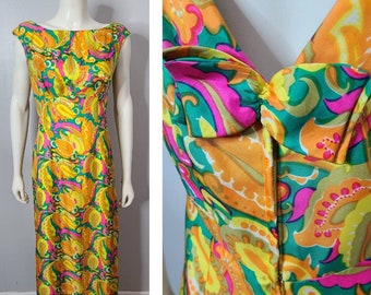 Vintage 1960s Evening Gown, 60s Party Dress, Psychedelic,  Neon, Maxi Dress, Paisley