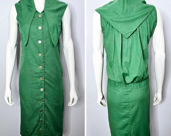 Robe à col châle vintage des années 1950, vert, coton, boutonnée, deux pièces, Jonathan Logan