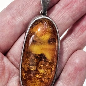 Vintage Honey Amber Sterling Silver Pendant - 1970s Boho Jewelry