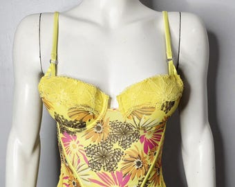 Vintage Y2K Yellow and Pink Floral Lace Corset Bustier
