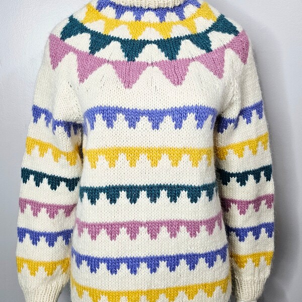 Vintage 1980s Wool Sweater, Mock Neck, Tunic Length, Geometric