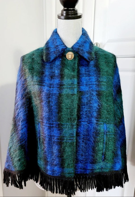 Vintage 1960's Mohair Cape - Tartan Plaid with Fri