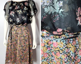 Vintage 1970s Boho Dress, Mixed Floral Dress, Flutter Sleeves, Chiffon