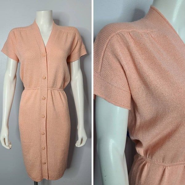 Vintage St. John Knit Dress, 1970s St. John Dress, Peach, Size Medium