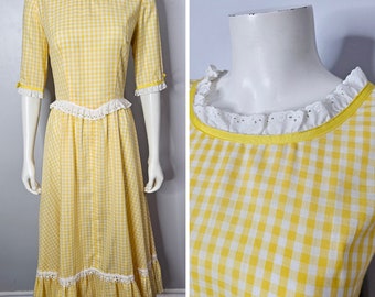 Vintage 1960s Gingham Dress, Yellow, Eyelet, Prairie Dress, Picnic Dress, Cottagecore, Boho