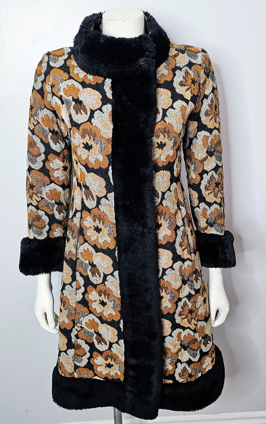 Vintage 1960s Tapestry Coat, Dark Floral, Princess Cut, Faux