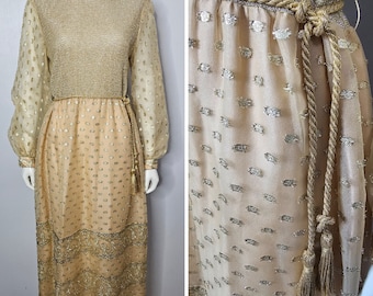Robe vintage en lurex doré des années 1970, longue robe métallique, manches ballon, transparent, mousseline de soie