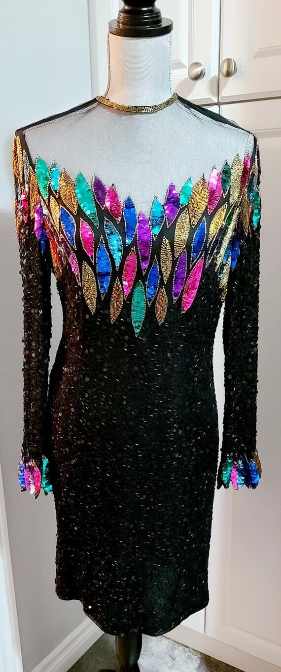 Vintage 80s Sequined Dress | Rainbow | Sparkly Dre