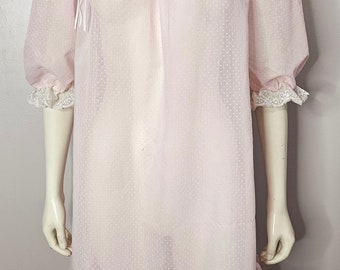 Vintage 1970s Swiss Dot Nightgown, Sheer Pink Nightie, Lace Trim, Made in UK