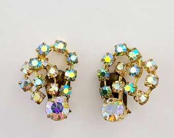 Vintage Clip On Earrings, 1960s Clip On Earrings, AB, Aurora Borealis, Vintage Costume Jewellery