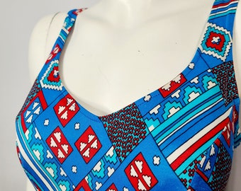 Vintage Bathing Suit, 60s/70s Swimsuit, MOD Print, Geometric, Red White and Blue