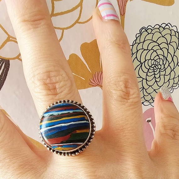 Rainbow Calsilica Sterling Silver Ring 925
