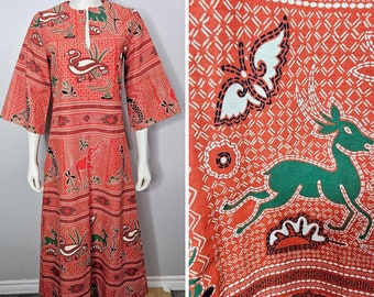 Vintage 1970s Kaftan, Caftan Dress, Novelty Print, Ethnic, Animals, Elephant, Fish, Bird, Butterfly, Antelope, Marks & Spencer, Cotton