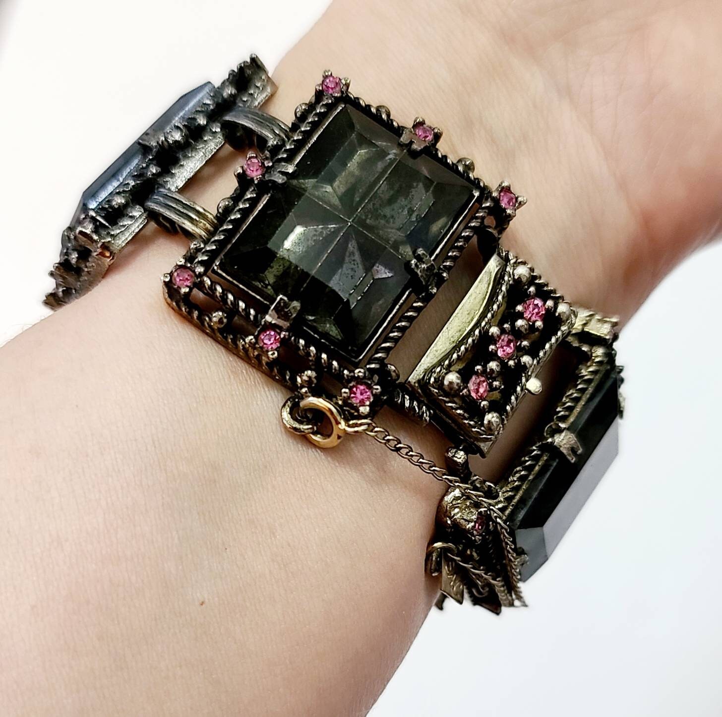 Vintage 1950s Sarah Coventry Set, Bracelet and Earrings, Midnight Magic, Black, Pink Crystals, Panel Bracelet, Clip on Earrings