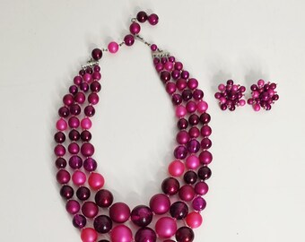 Vintage Three Strand Pink Necklace  and Earrings