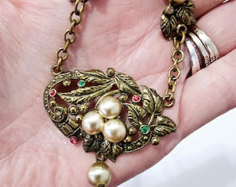 Vintage 1930s Art Deco Necklace, Pot Metal, Brass Toned, Pearl and Rhinestone