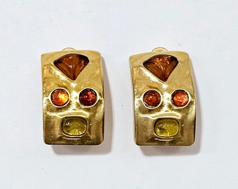 Vintage 1980s Les Bernard, Modernist, Clip On Earrings, Gold Plated