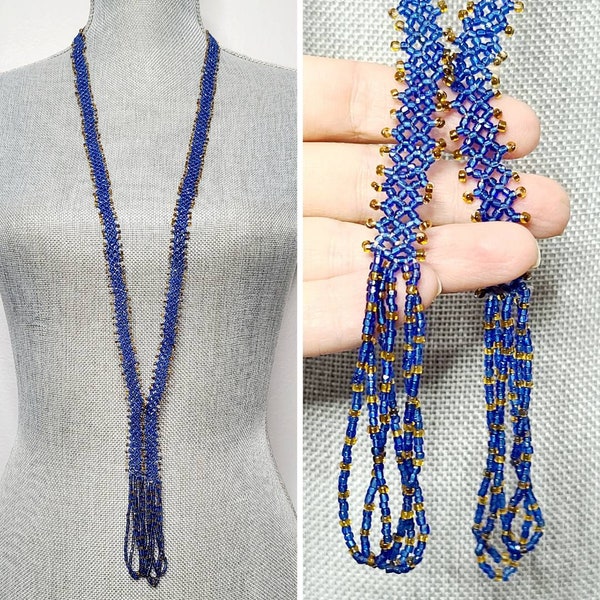 Antique Flapper Necklace, 1920s Necklace, Beaded Lariat Necklace, Glass Beaded Necklace, Blue and Briwn, Fringe Necklace