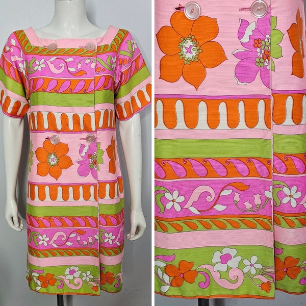 Vintage 1960s MOD Dress, Hawaiian, Double Breasted, Pink, Floral, Groovy,  Psychedelic