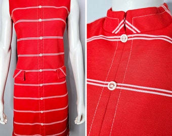 Vintage 1960s Shift Dress, MOD, Red and White, Striped, Poly Knit