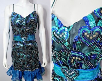 Minirobe à sequins vintage des années 1980, motif coeur, bleu et vert, broderie métallique, ourlet à volants